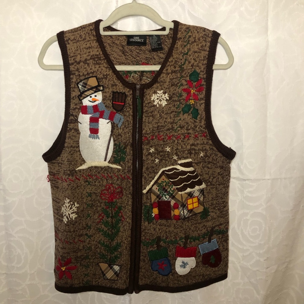 ONE RESOURCE Festive Brown Knit Christmas Vest  w/ Snowman & Holiday Motifs Sz M